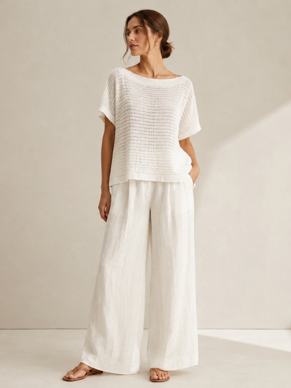 Lafayette 148 Cream Linen Open-Weave Bateau Neck Top SzM Coastal Quiet Luxury